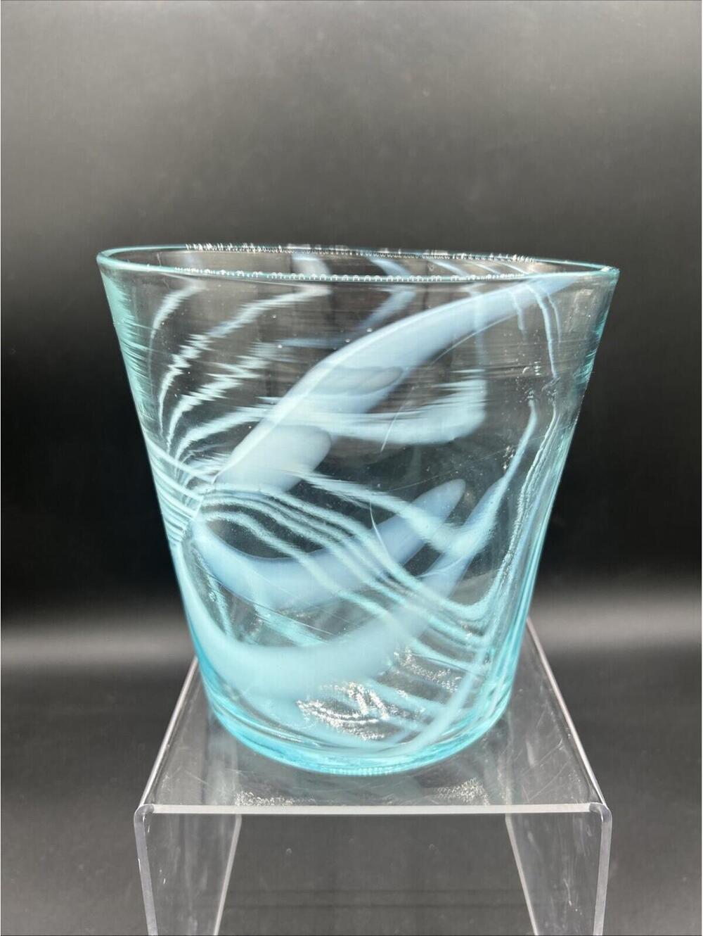 Vintage Hand Blown Blue Swirl Art Glass Ice Bucket